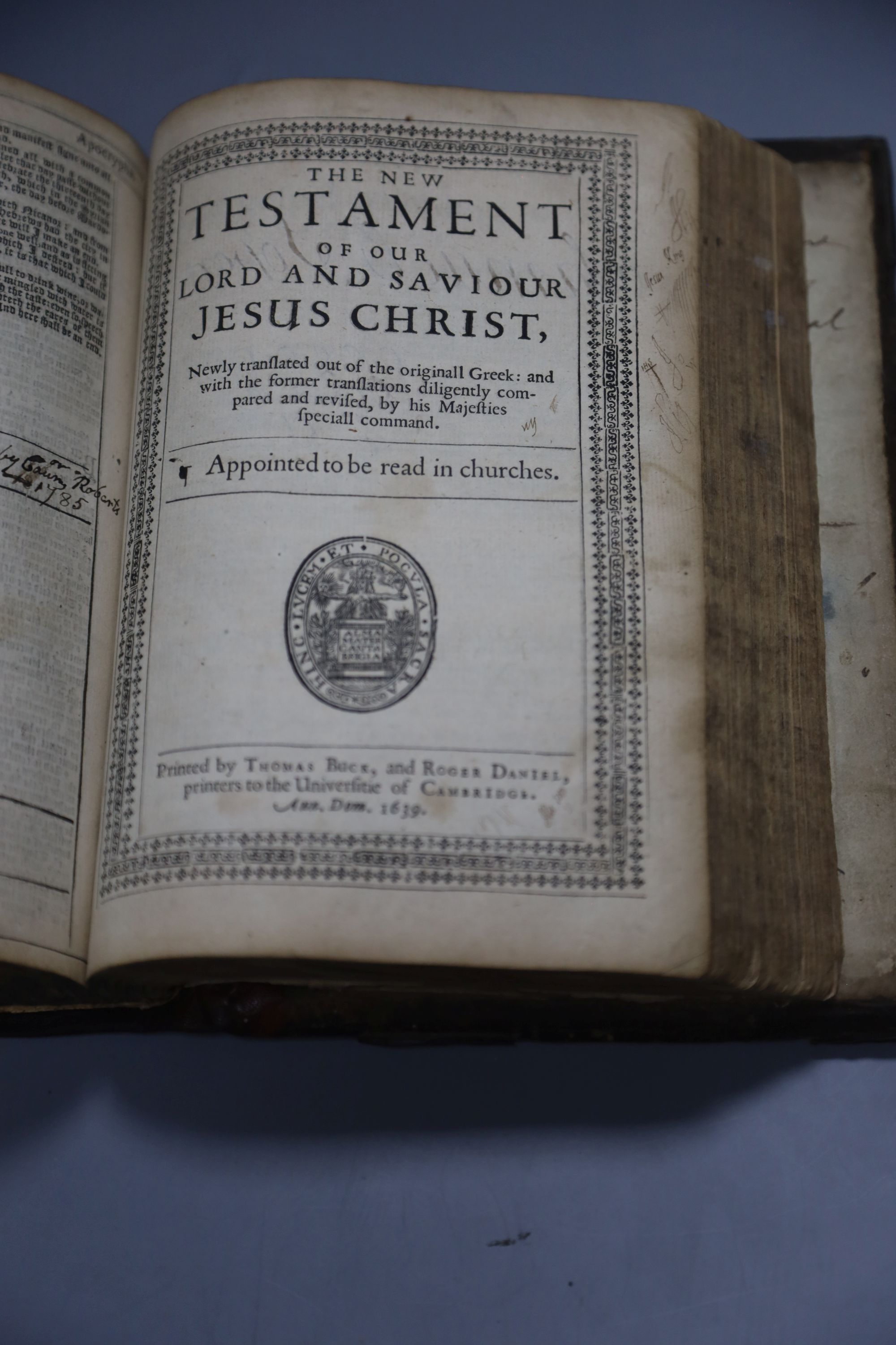 Bible in English - [Bible], qto, contemporary embossed calf, rebacked, black letter, double column, lacking general title and early pag